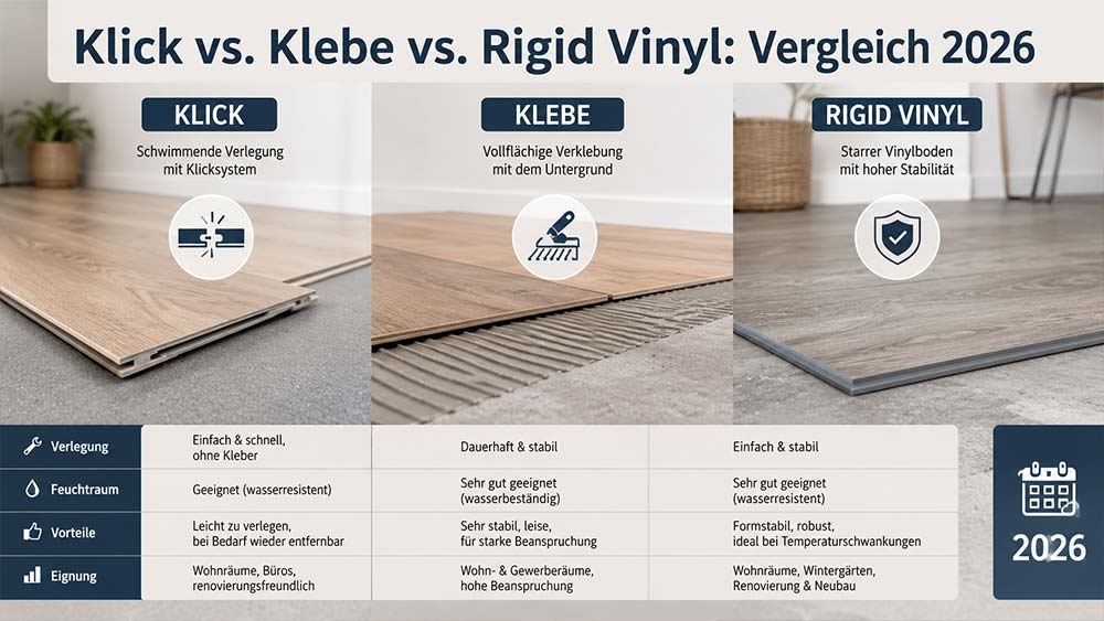 Klick vs. Klebe vs. Rigid Vinyl: Vergleich 2026
