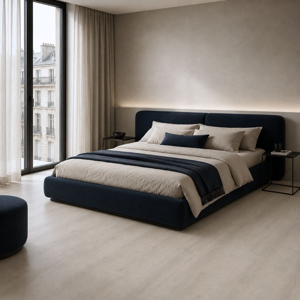 Gemütliches Schlafzimmer mit fußwarmem Klick Vinyl Eiche Polarium – helle Eichenoptik mit Trittschalldämmung von Floor4all