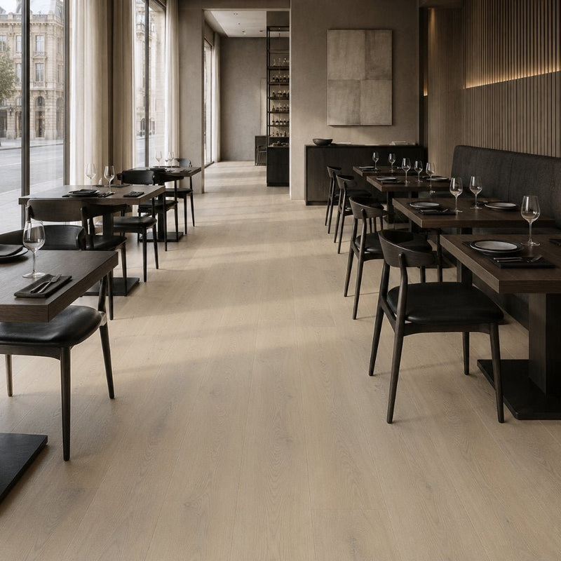 Modernes Restaurant mit Prime Oak 50-05 Rhein Vinylboden - elegante Gastronomie mit hochwertiger Einrichtung von Floo4all