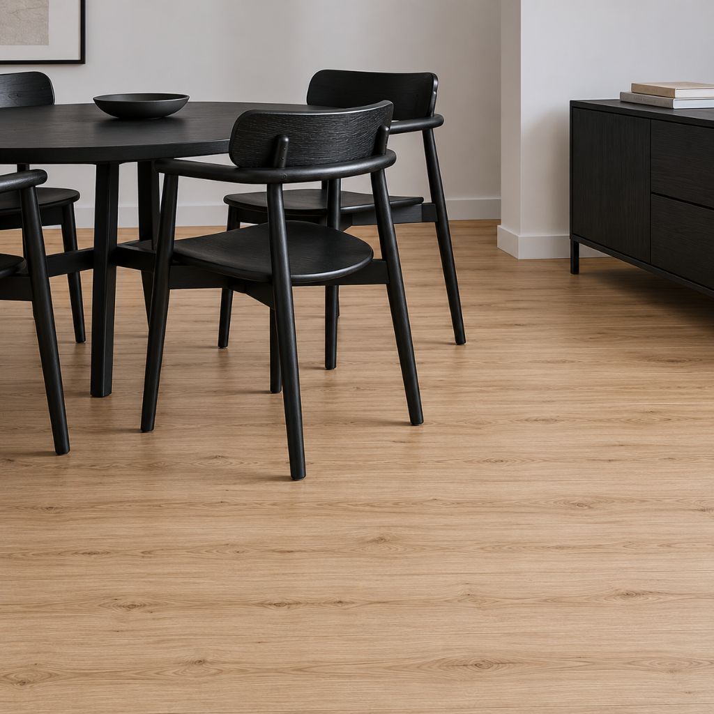 Modernes Esszimmer mit hellem Holzoptik Vinylboden – Klick-Vinyl mit Rigid SPC Aufbau in einer Raumszene mit schwarzem Esstisch und Stühlen. Sunrise Edge GT von Floor4all