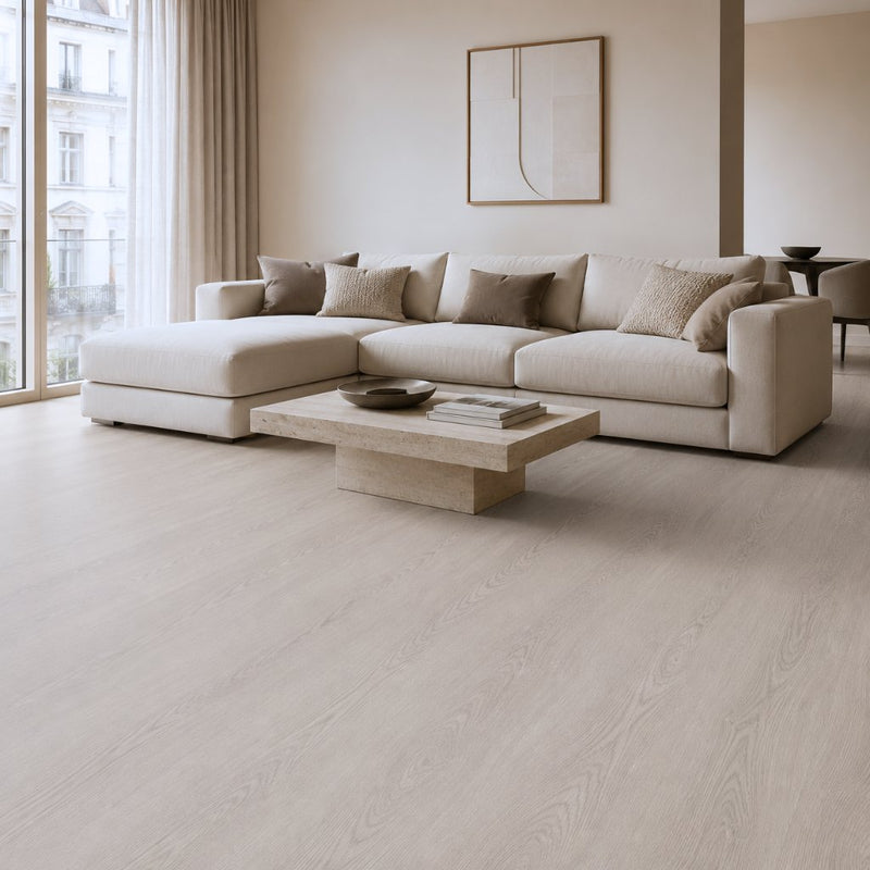 Vinyl Landhausdiele Vintage Oak White in hellem Wohnzimmer mit natürlicher Raumwirkung - Floor4all