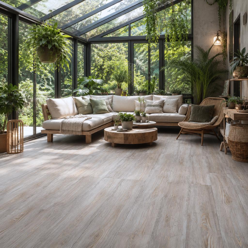 Moderner Wintergarten mit Kronotex Robusto Fantasy Wood Laminat in heller Holzoptik, eingerichtetet mit beigem Sofa, Korbstühlen und Holzcouchtisch, große Glasfront mit Blick ins Grüne und hängende Grünpflanzen - Floor4all