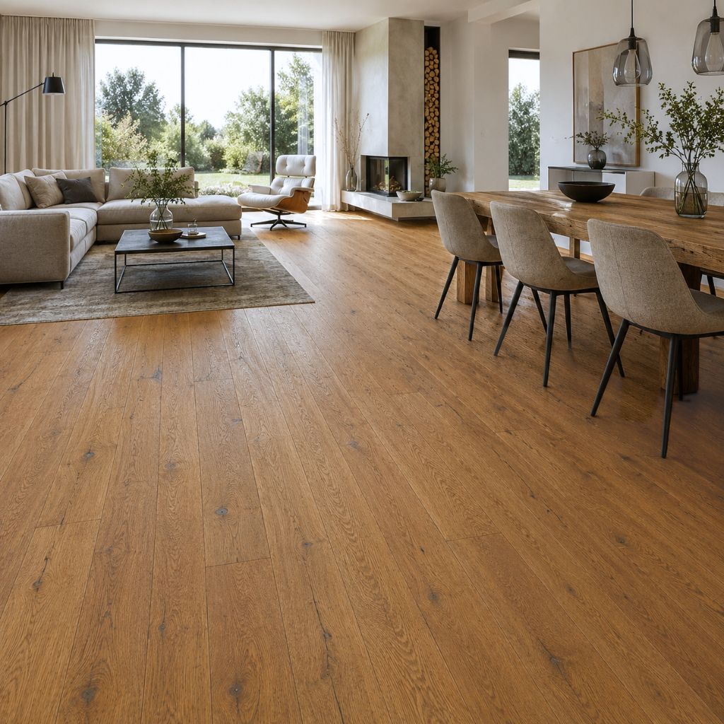 Modernes Wohnzimmer-Esszimmerbereich mit Parkett Urig Eiche Rhino rustikal natur geölt gebürstet Landhausdiele mit Fase verlegt - großflächige Ansicht, natürliche Holzmaserung, warmer Ton, rustikale Charakter, moderne Raumgestaltung - Floor4all