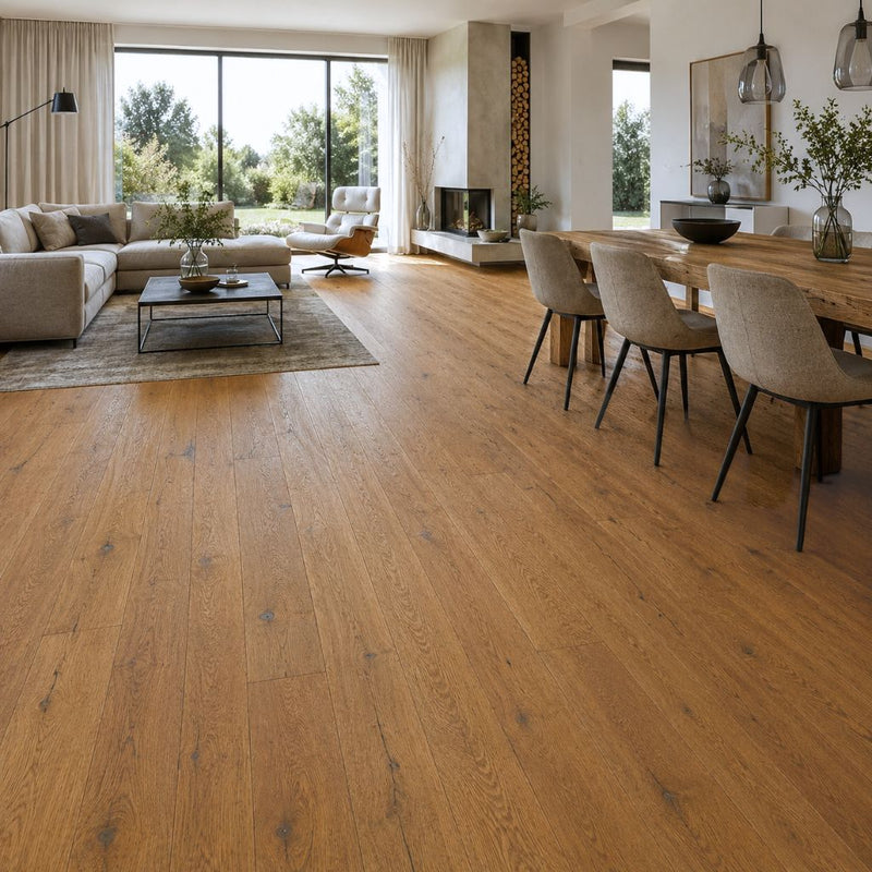 Modernes Wohnzimmer-Esszimmerbereich mit Parkett Urig Eiche Rhino rustikal natur geölt gebürstet Landhausdiele mit Fase verlegt - großflächige Ansicht, natürliche Holzmaserung, warmer Ton, rustikale Charakter, moderne Raumgestaltung - Floor4all