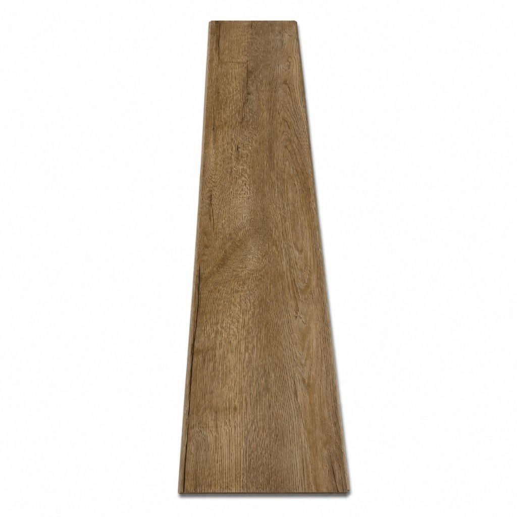 Einzelne Vinylboden-Klickdiele XL in River Oak Brown Farbe, Breitdiele-Format, vor weißem Hintergrund, zeigt die volle Länge und Breite der Landhausdiele mit natürlicher Holzmaserung - Floor4all