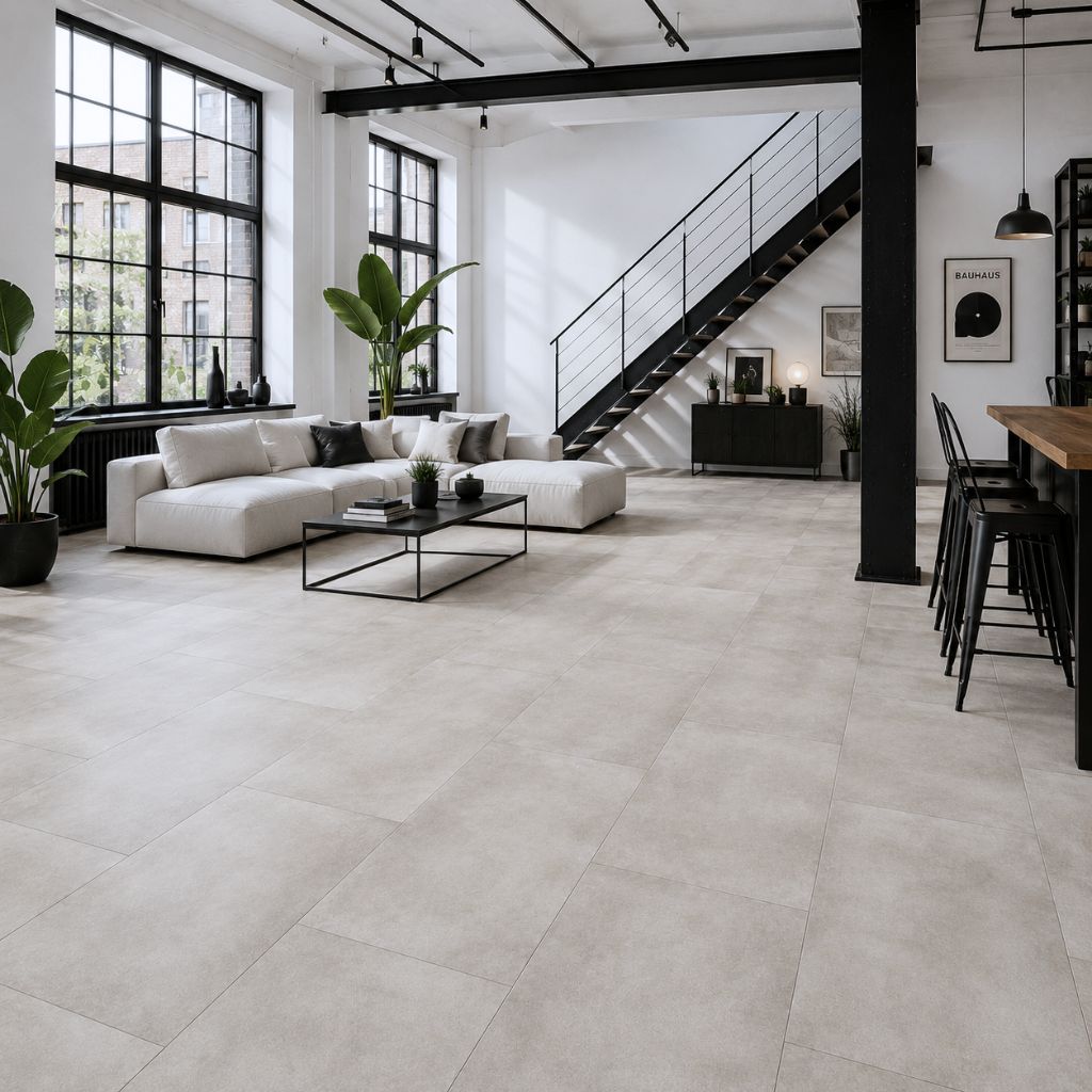 Großzügiger moderner Wohnraum mit Vinylboden Maxi Fliese Schiefer Weiß mit Trittschalldämmung – großflächige helle Fliesen in authentischer Schiefer-Optik, kombiniert mit weißem modernem Sofa, schwarzer Industrial-Stahltreppe, schwarzen Stahlbalken, großzügigen Fenstern, Pflanzendeko und minimalistischer Einrichtung – zeigt zeitlose Eleganz, Trittschalldämmung-Komfort und 100% wasserfeste Eigenschaften des Vinylbodens in großen Räumen - Floor4all