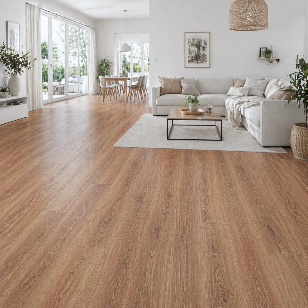 Klick Vinylboden Nussbaum Natur XL mit Trittschalldämmung Wohnzimmer