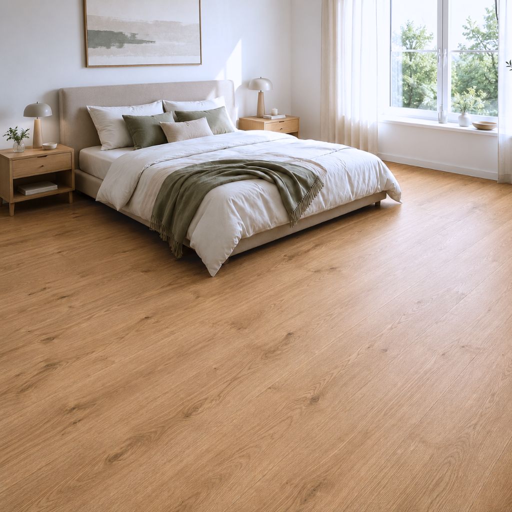 Designboden Ceramin Brosna in Holzoptik im hellen Schlafzimmer mit Bett und Nachttischen von Floor4all