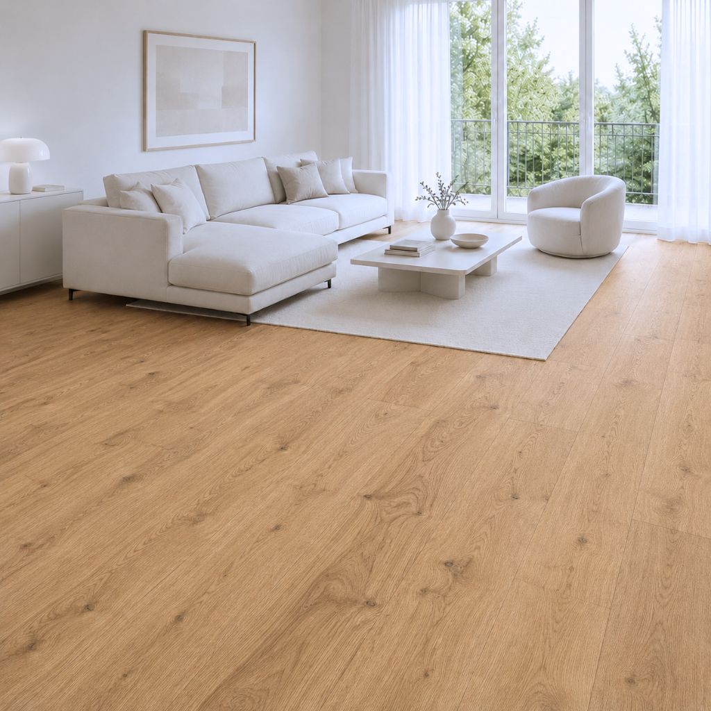 Designboden Ceramin Brosna in warmer Holzoptik im modernen Wohnzimmer mit Sofa und Sessel von Floor4all