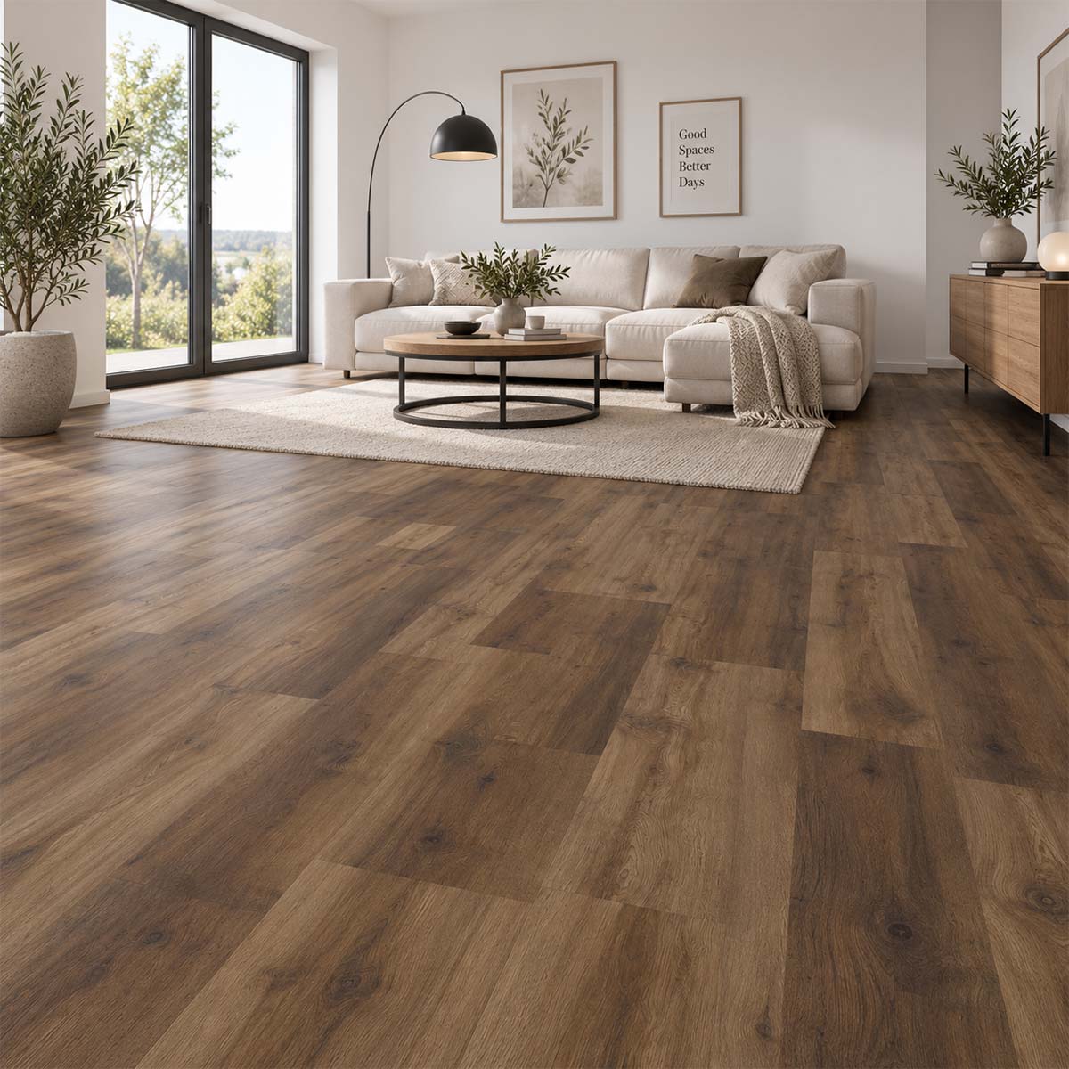 Designboden Eiche Trient schokobraun mit Trittschalldämmung in einem modernen Wohnzimmer