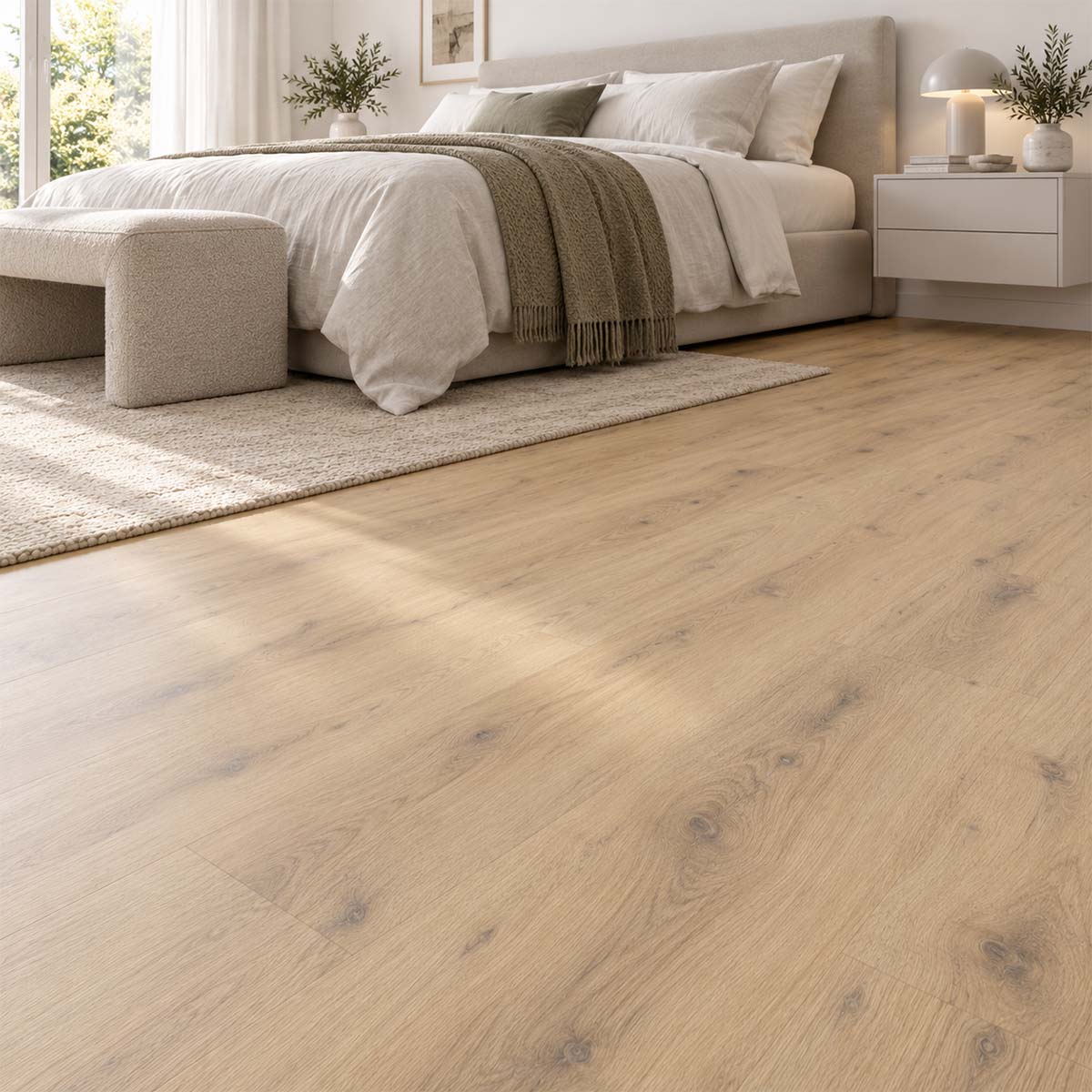Designboden Nature Oak Country mit Kork Trittschalldämmung in einem modern eingerichteten Schlafzimmer mit heller Country-Eichenoptik