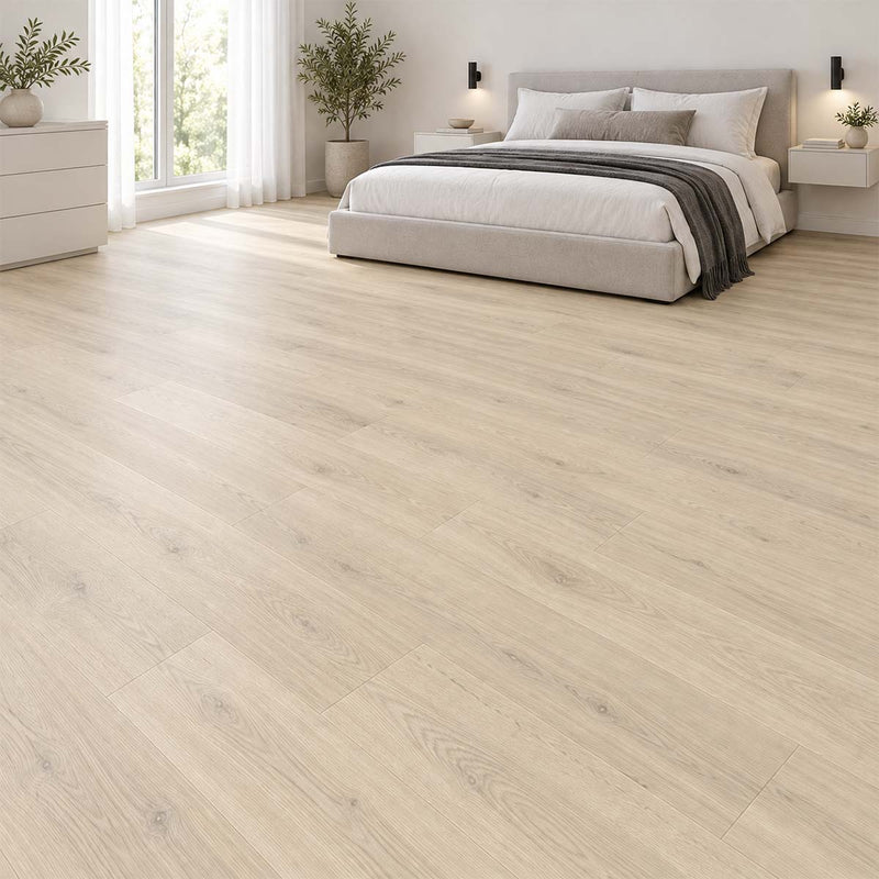 Designboden Naturestyle Pure Ash Oak mit Kork Trittschall im Schlafzimmer mit hellem Polsterbett – Restposten bei Floor4All.