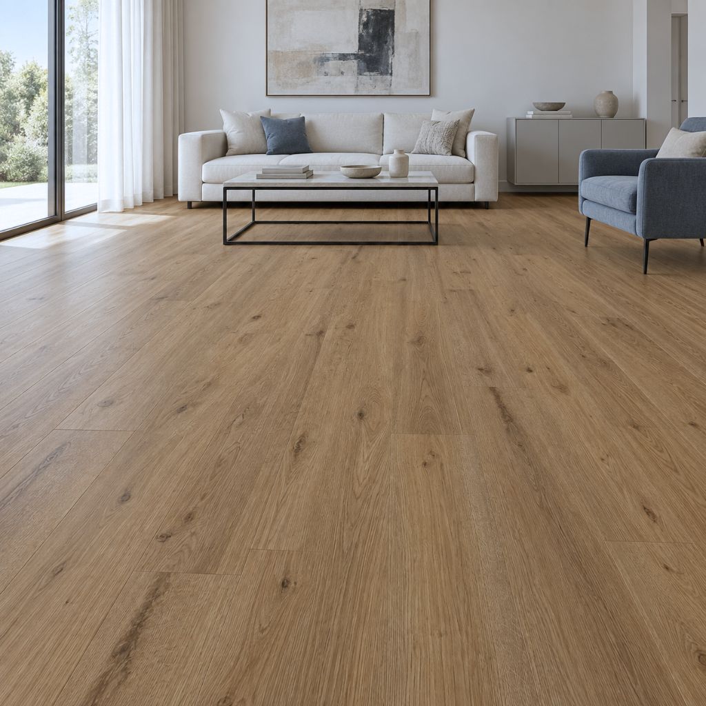"Designboden Naturestyle Pure Oak Terra als warme Landhausdiele im Wohnzimmer von Floor4all