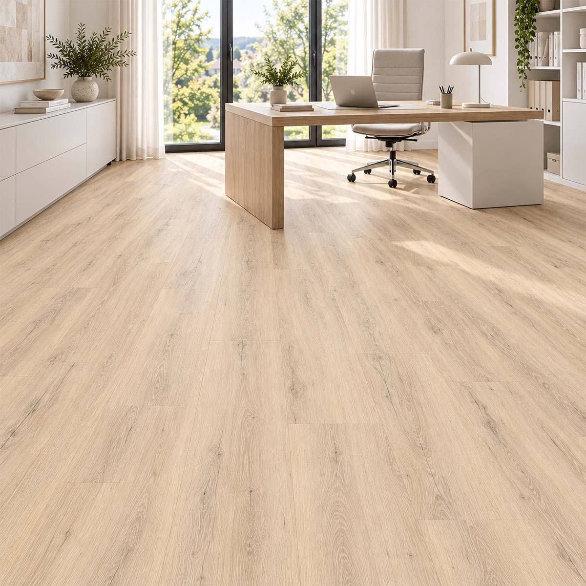 Designboden Panora Eiche Beige mit Trittschalldämmung im hellen Arbeitszimmer