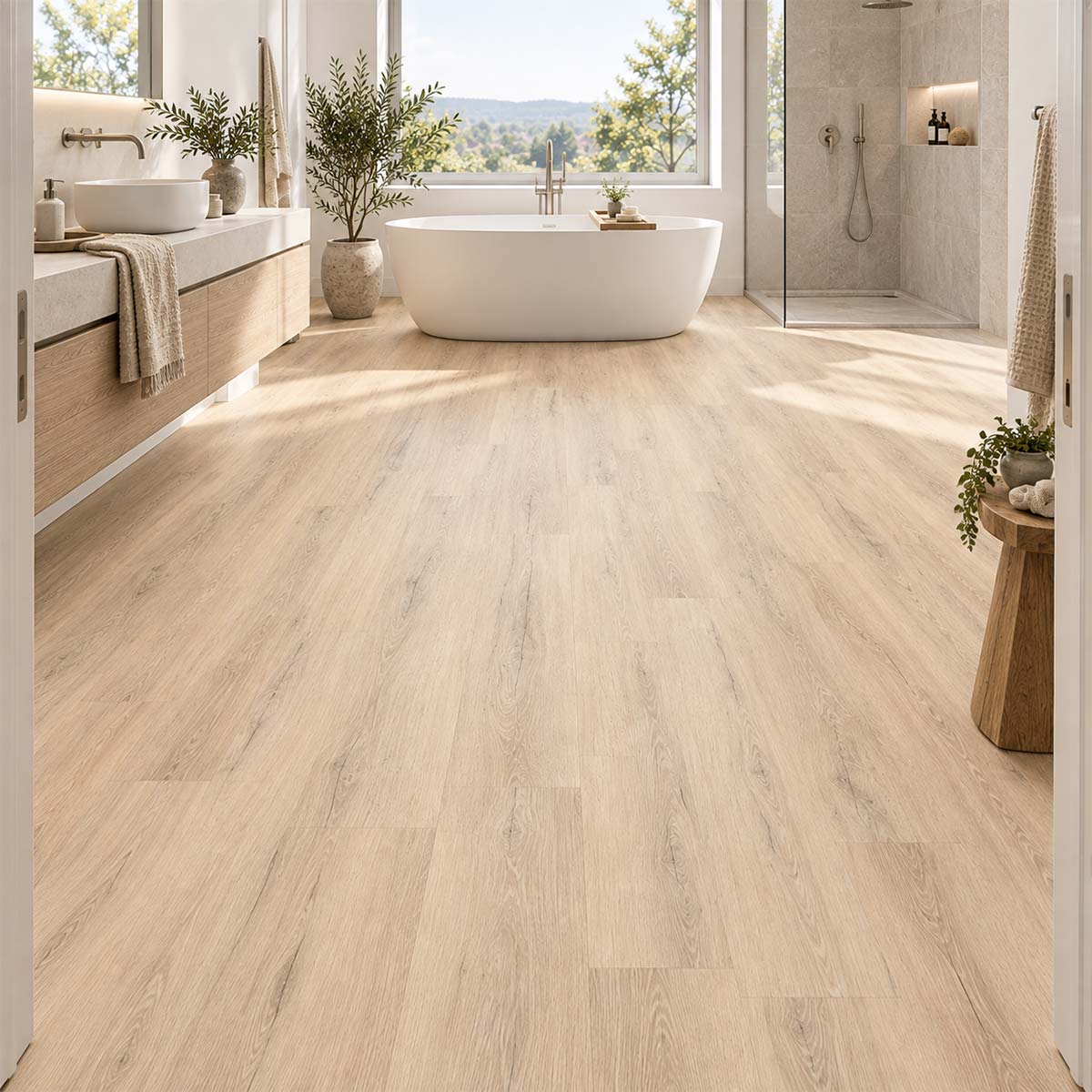Designboden Panora Eiche Beige mit Trittschalldämmung im modernen Badezimmer
