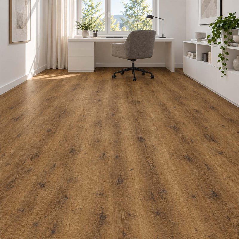 Designboden Vinyl Haro Eiche Verona mit Kork Trittschall im Arbeitszimmer mit weißem Schreibtisch – Restposten bei Floor4All.