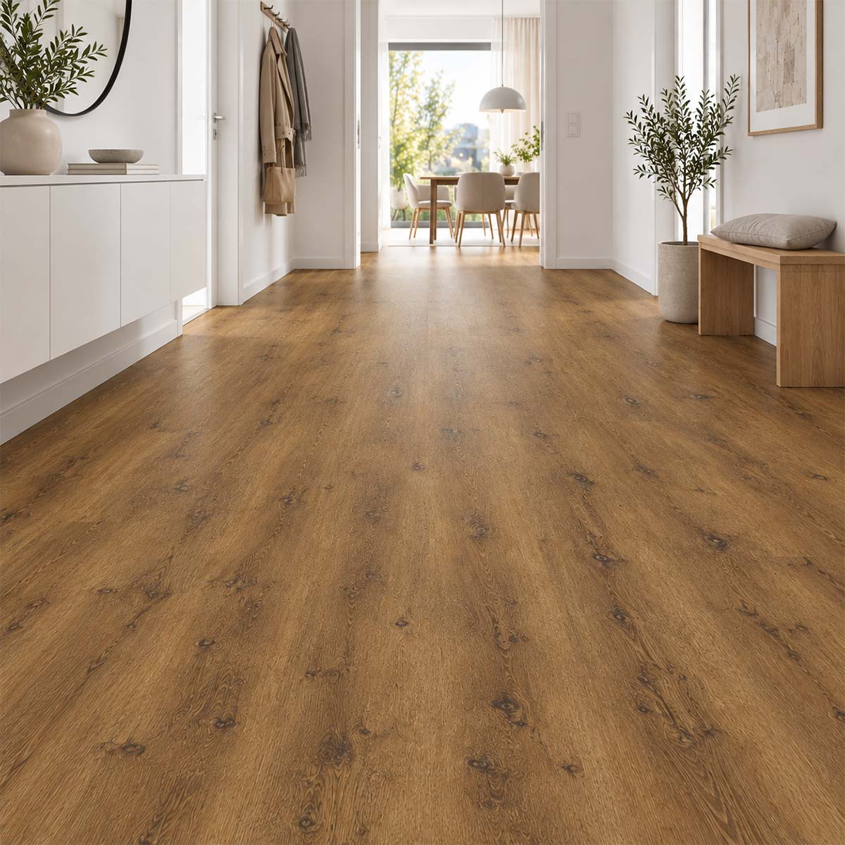Designboden Vinyl Haro Eiche Verona mit Kork Trittschall im modernen Flur mit weißem Schuhschrank – Restposten bei Floor4All.