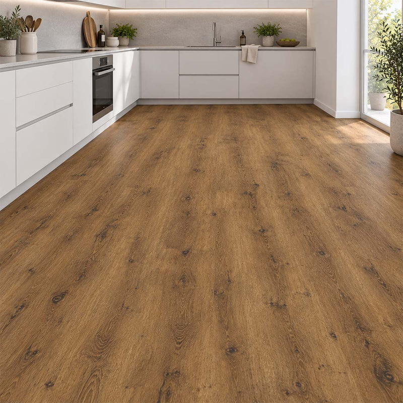 Designboden Vinyl Haro Eiche Verona mit Kork Trittschall in einer weißen Küche – Restposten bei Floor4All.