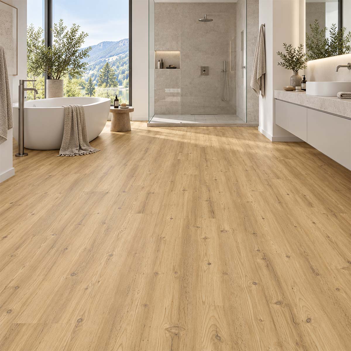 Designboden Vinyl HARO Lärche Lugano mit Kork Trittschall im hellen Badezimmer