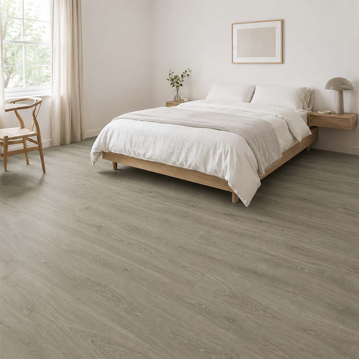 Eiche Verona Landhausdiele Vinylboden Klick im hellen skandinavischen Schlafzimmer