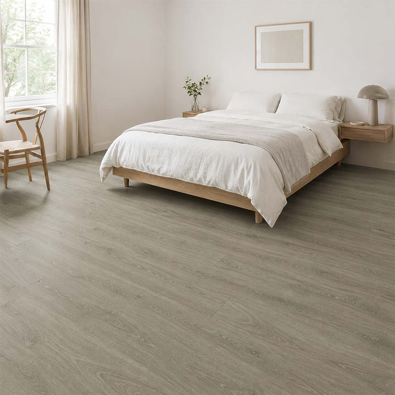 Eiche Verona Landhausdiele Vinylboden Klick im hellen skandinavischen Schlafzimmer