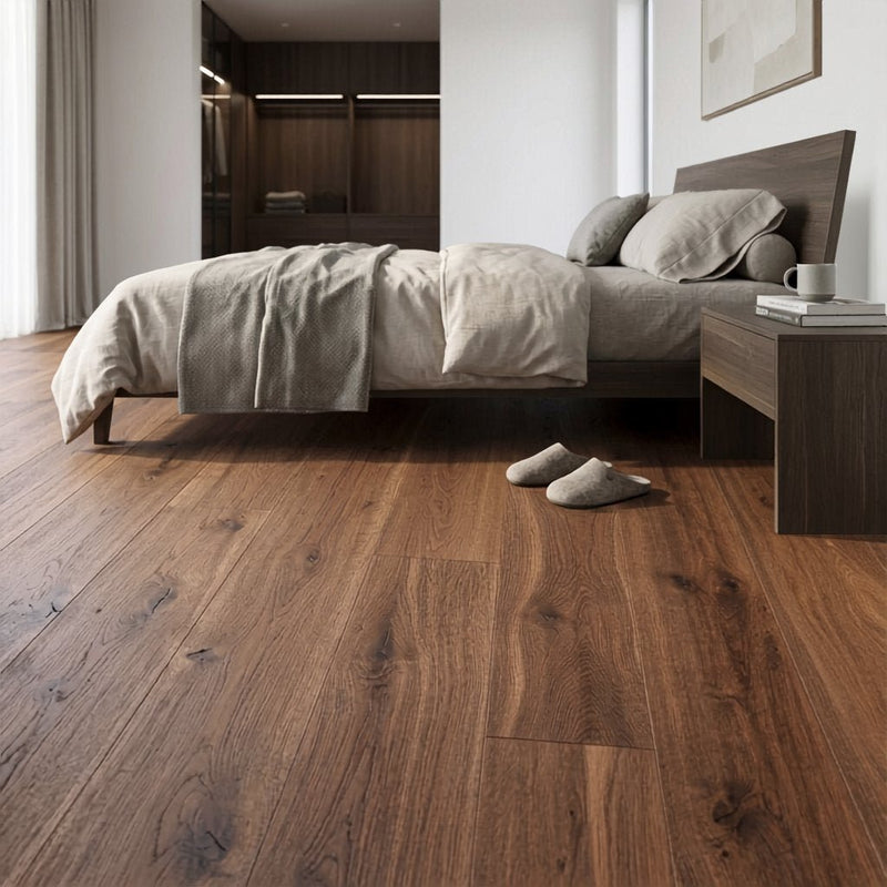 Fertigparkett Eiche geräuchert rustikal geölt im gemütlichen Schlafzimmer mit Massivholzbett von Floor4all