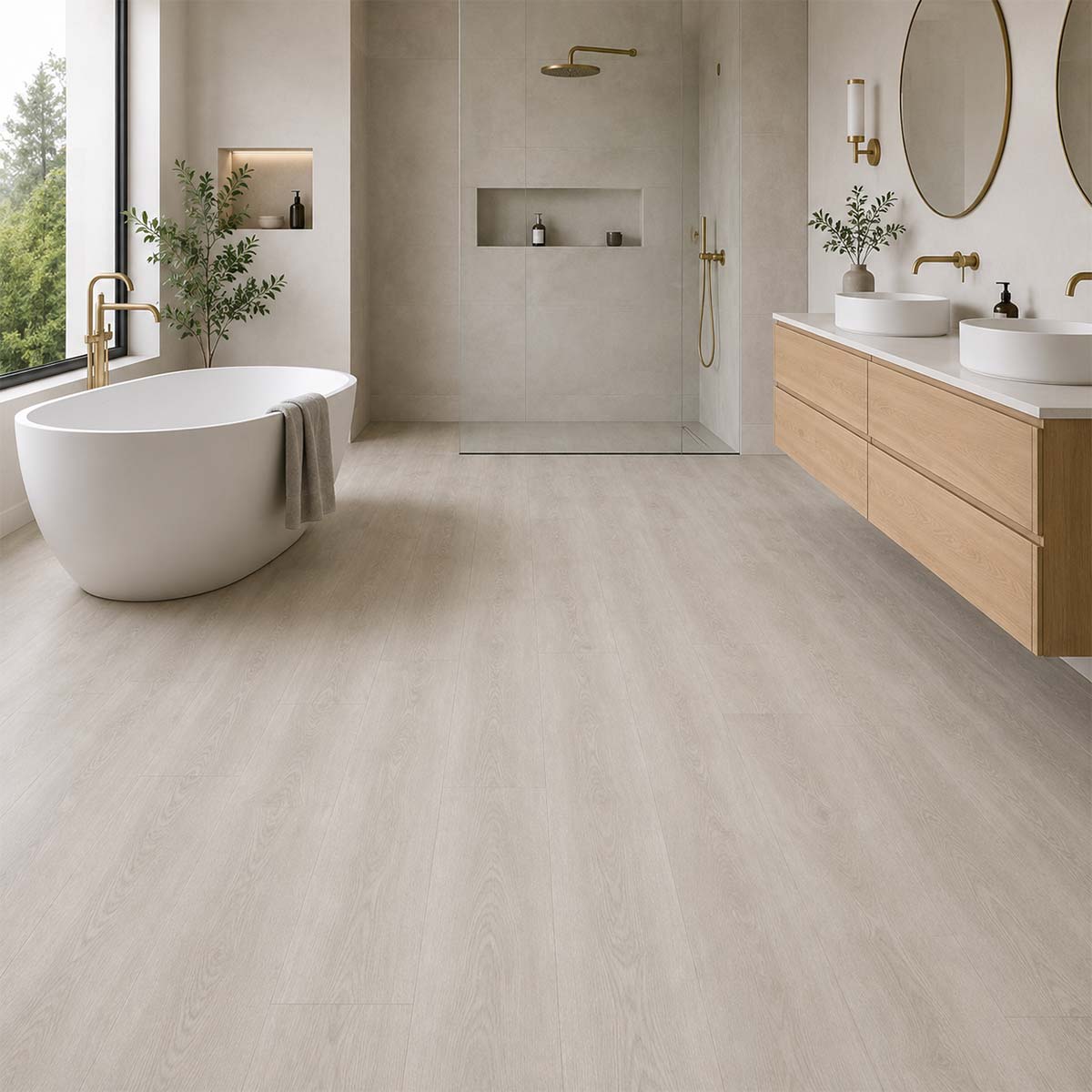 Klebevinyl Burwell Landhausdiele Hell im modernen Badezimmer mit heller Eichenoptik