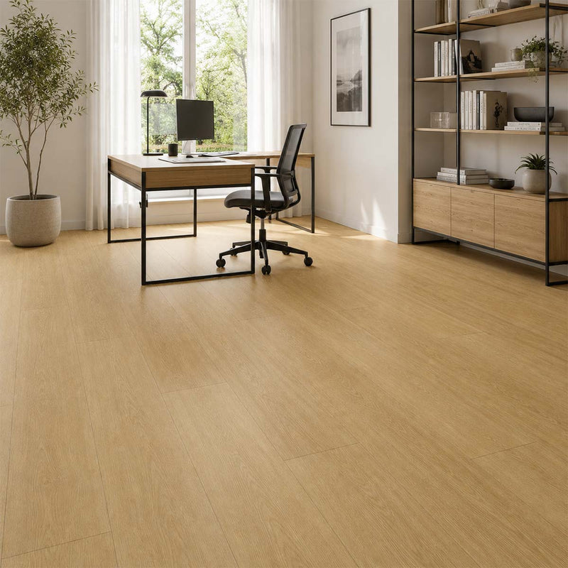 Klebevinyl Eiche Burgund Glue 2.5 im modernen Arbeitszimmer mit natürlicher Eichenoptik