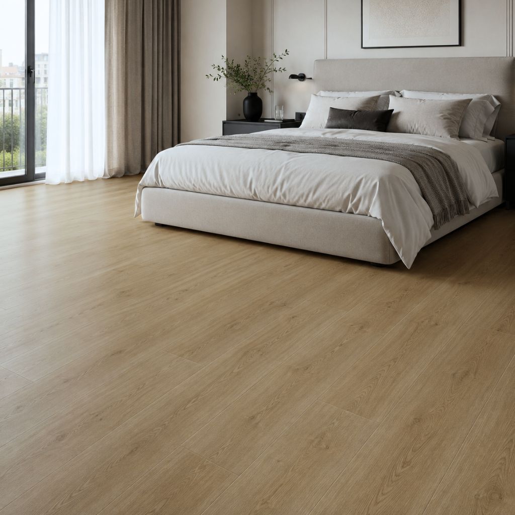 Klebevinyl Holzoptik Eiche Rhonglue Landhausdiele im Schlafzimmer von Floor4all