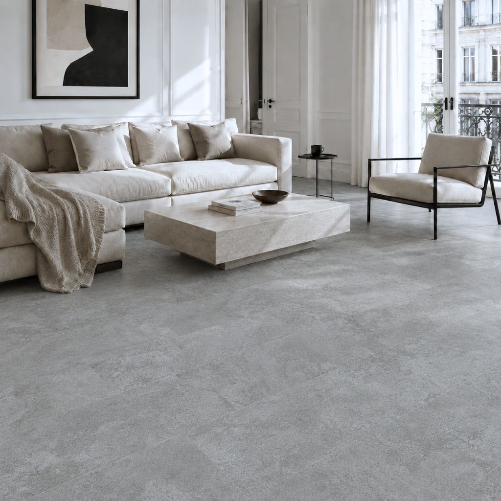 Klebevinyl Fliesenoptik grau Betonoptik Brick Design im Wohnzimmer von Floor4all