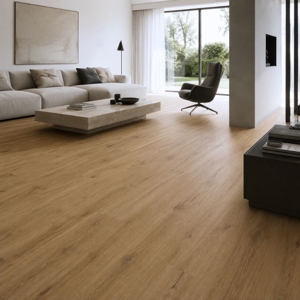 Klebevinyl Holzoptik Sommer Eiche Landhausdiele im Wohnzimmer von Floor4all