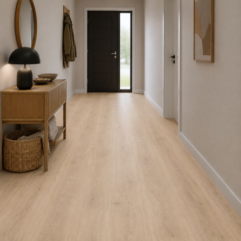 Heller Flur mit Biscotti-Eiche-Laminat, moderne Einrichtung mit dunkler Eingangstür – von Floor4all