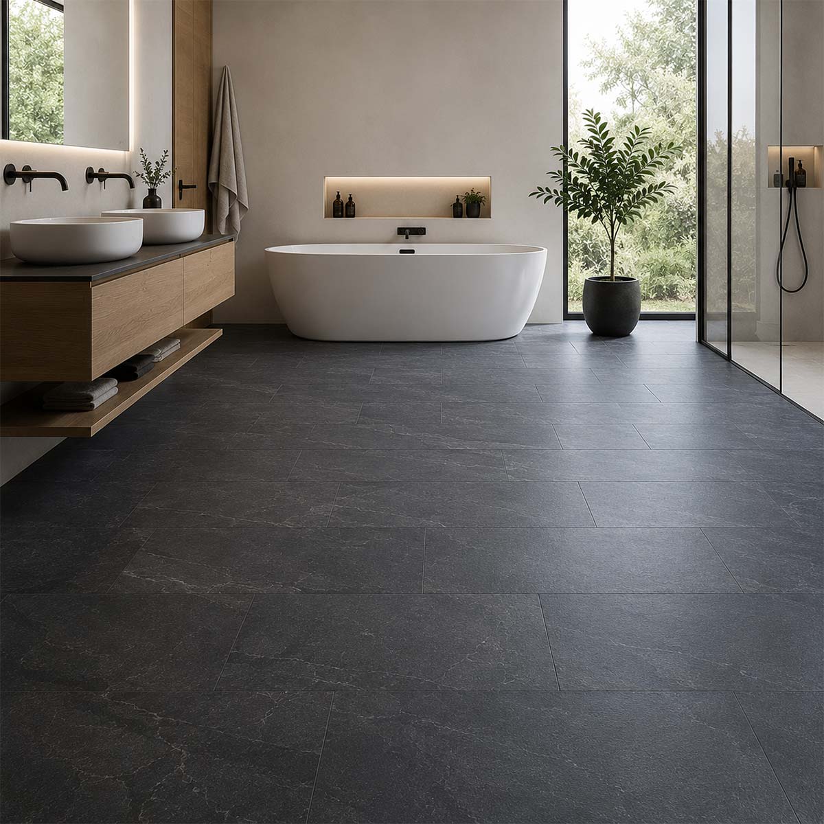 Klick Laminat Classen VisioGrande Ölschiefer im modernen Badezimmer mit dunkler Steinstruktur