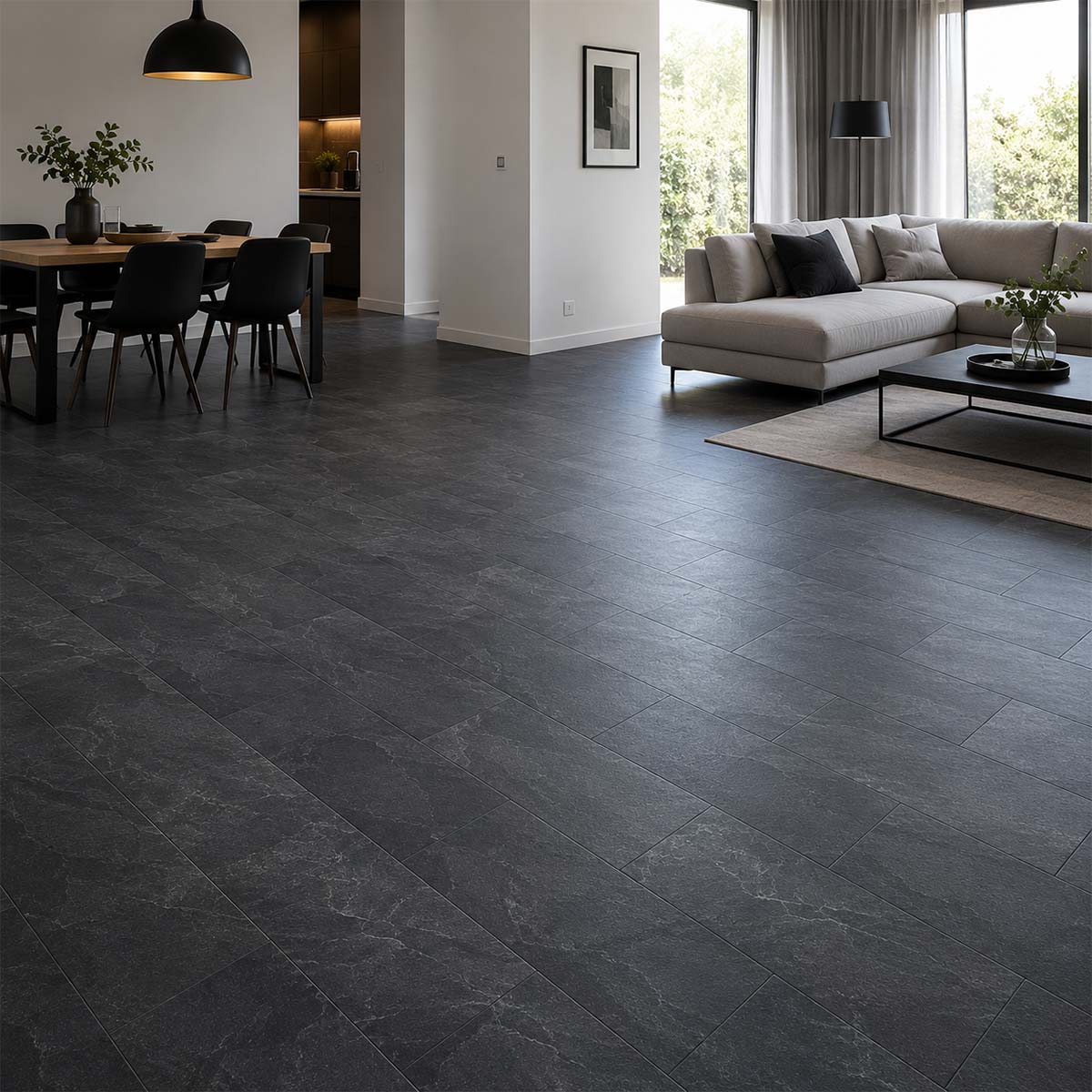 Klick Laminat Classen VisioGrande Ölschiefer im modernen Wohnzimmer mit dunkler Schieferoptik