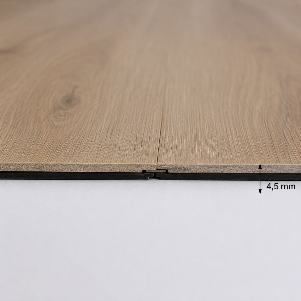 Detailansicht der Dieledicke (4,5 mm) mit Click-System – zeigt robusten Aufbau des Vinylbodens