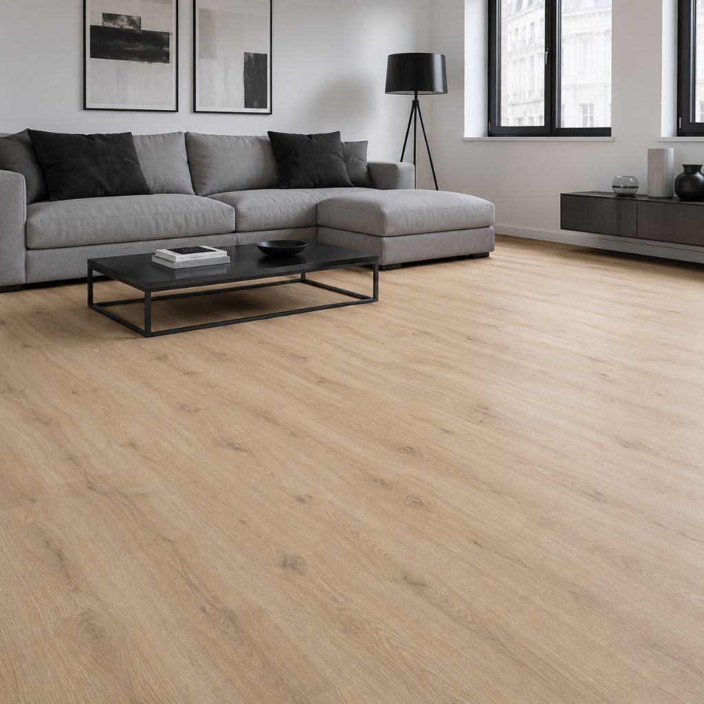 Modernes Wohnzimmer mit Agave Eiche Boden – helle Holzoptik kontrastiert perfekt mit grauer Couch