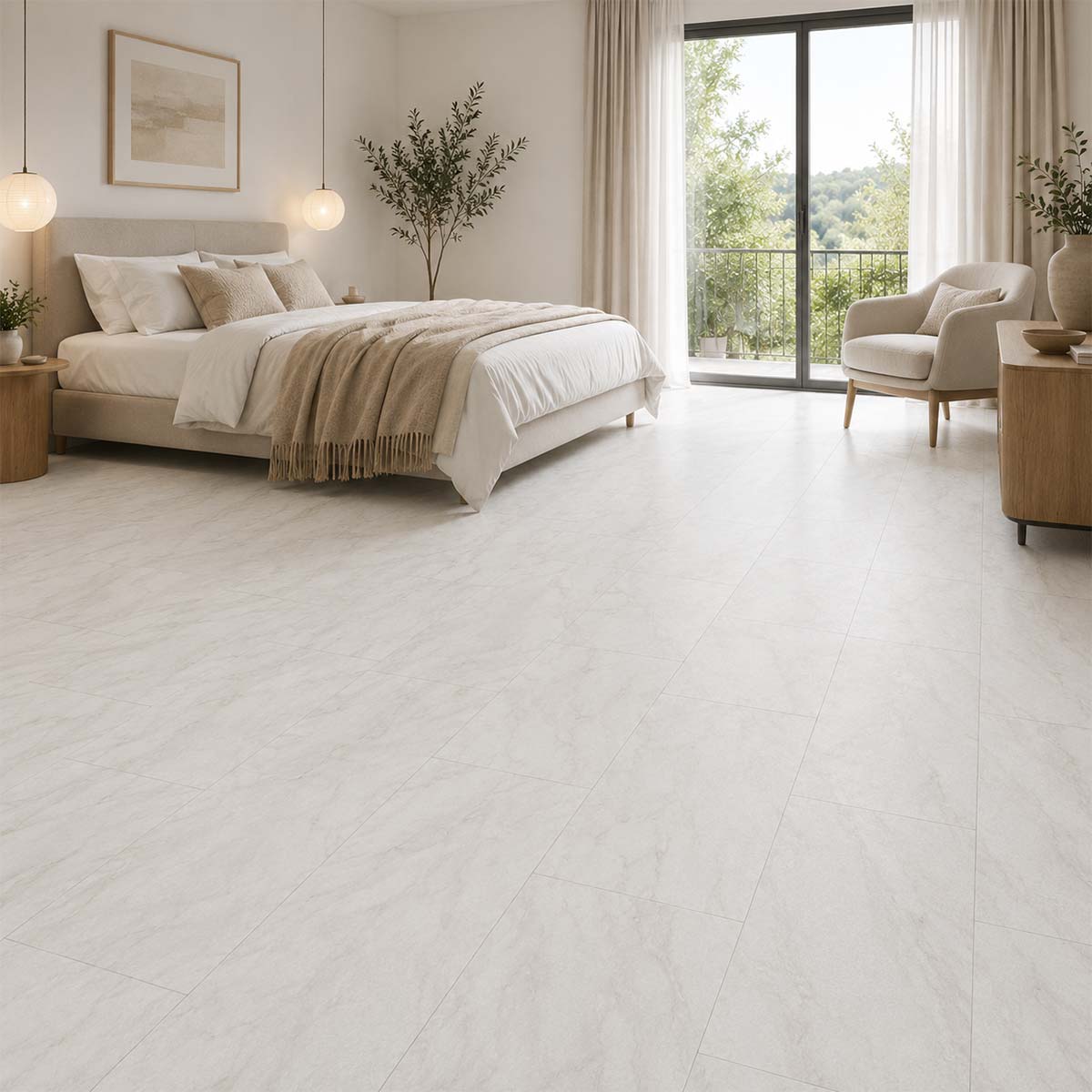 Klick Vinyl Carrara Marmor Weiß im Schlafzimmer mit heller Steinoptik