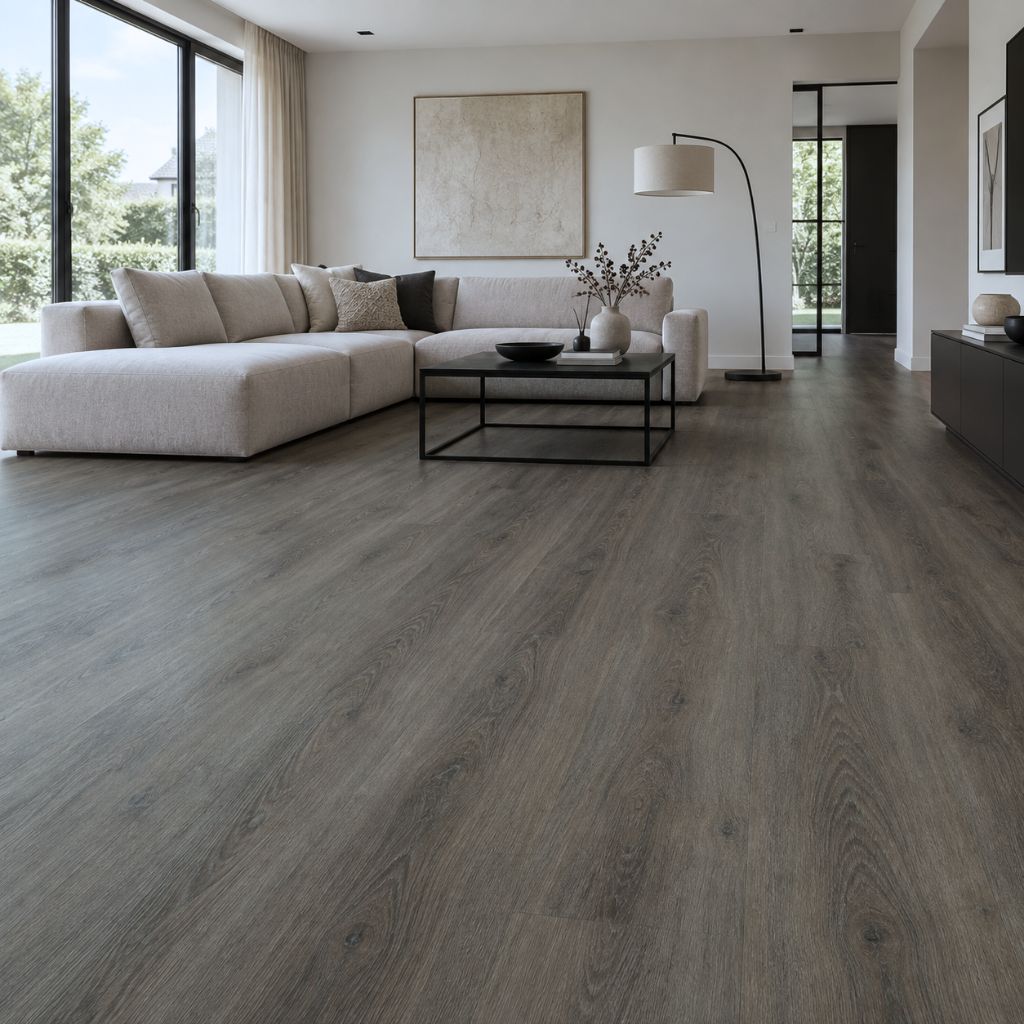 Klick Vinyl Eiche Amsterdam dunkel als Restposten im modernen Wohnzimmer von Floor4all