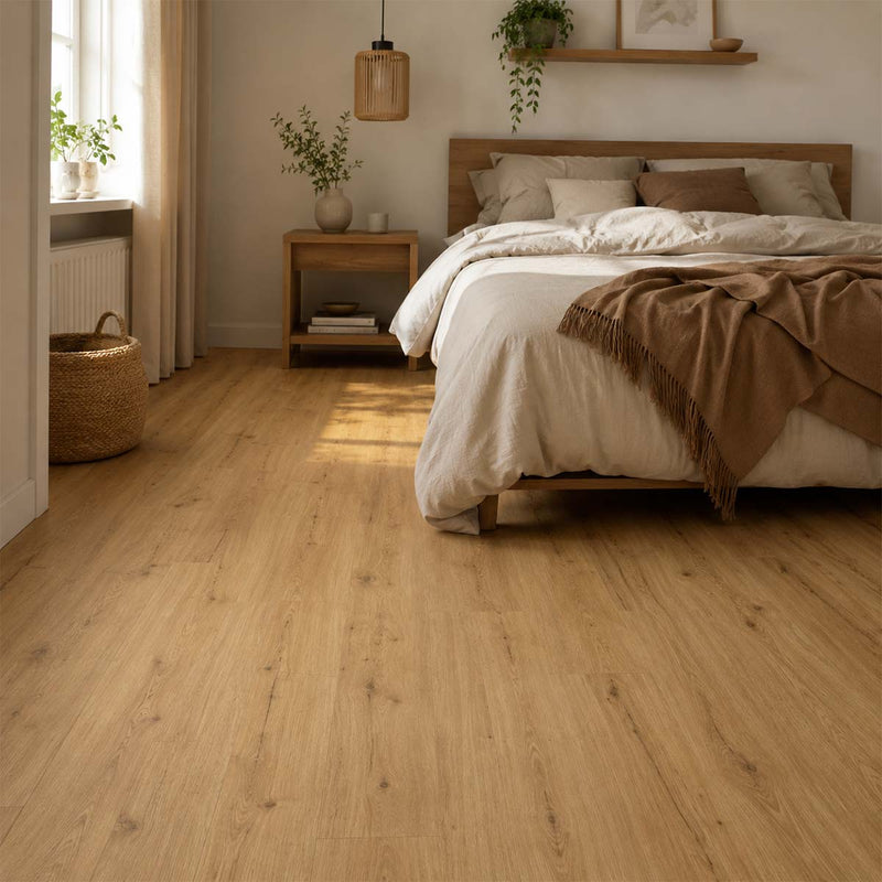 Klick Vinyl Eiche Ara im gemütlichen minimalistischen Schlafzimmer