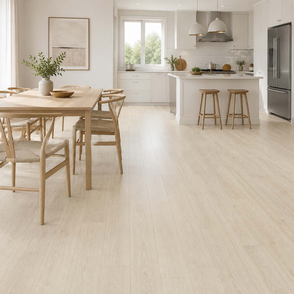 Helles skandinavisches Küchendesign mit Klick Vinyl Eiche Britannia mit Trittschalldämmung in warmer Holzoptik