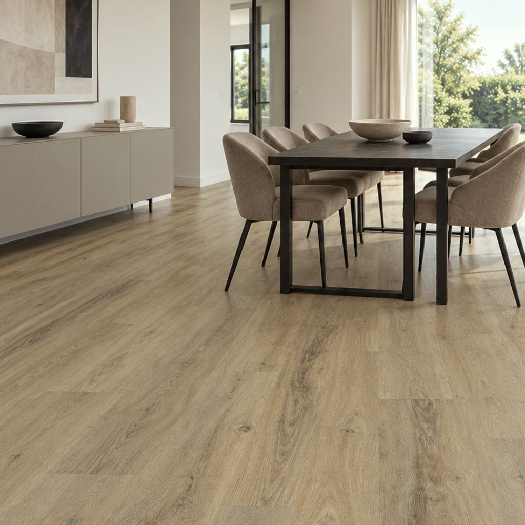 Vinylboden Eiche Cilano Holzoptik im Esszimmer mit dunklem Tisch und beigen Polsterstühlen von Floor4all
