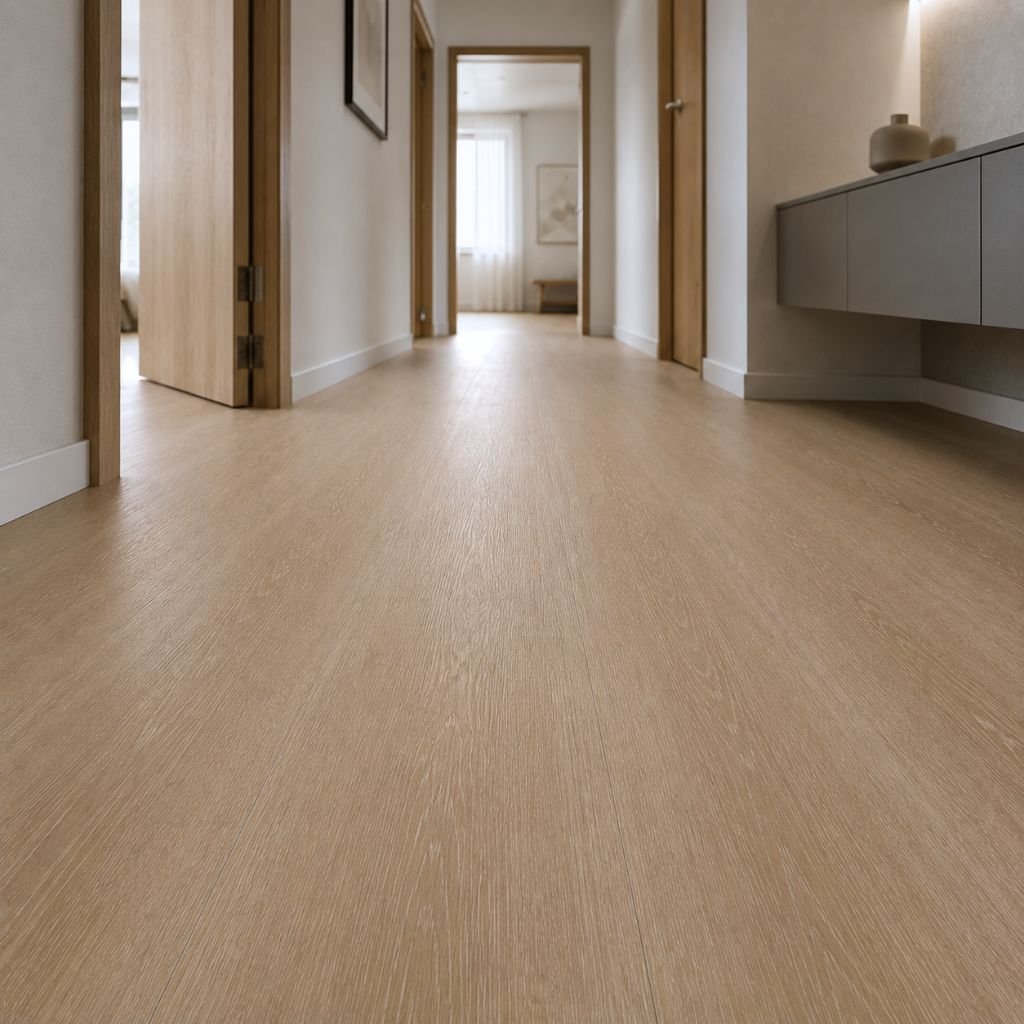 Moderner Flur mit Klick Vinyl Eiche Medium Boden, Holztüren, wasserfest, trittschalldämmung, einfache Verlegung