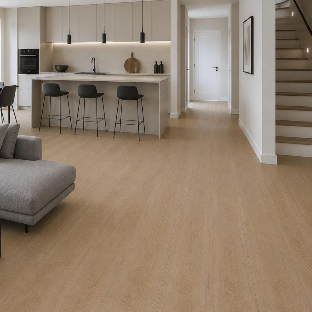 Moderne offene Küche mit Klick Vinyl Eiche Medium Boden, Kochinsel, wasserfest, trittschalldämmung, großzügig