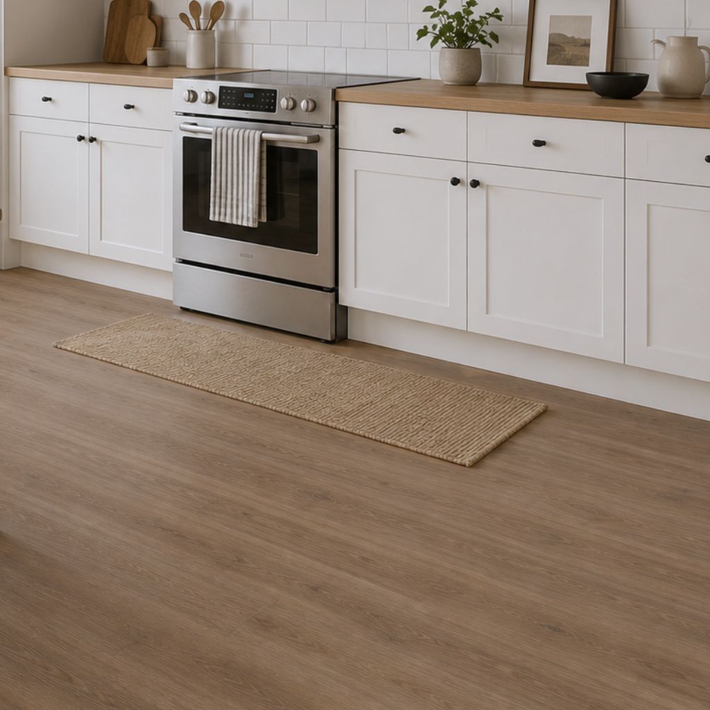 Moderne Küche mit Klick Vinyl Eiche Padua Landhausdiele zeigt wasserfeste Robustheit und elegante Wärme im Küchenbereich