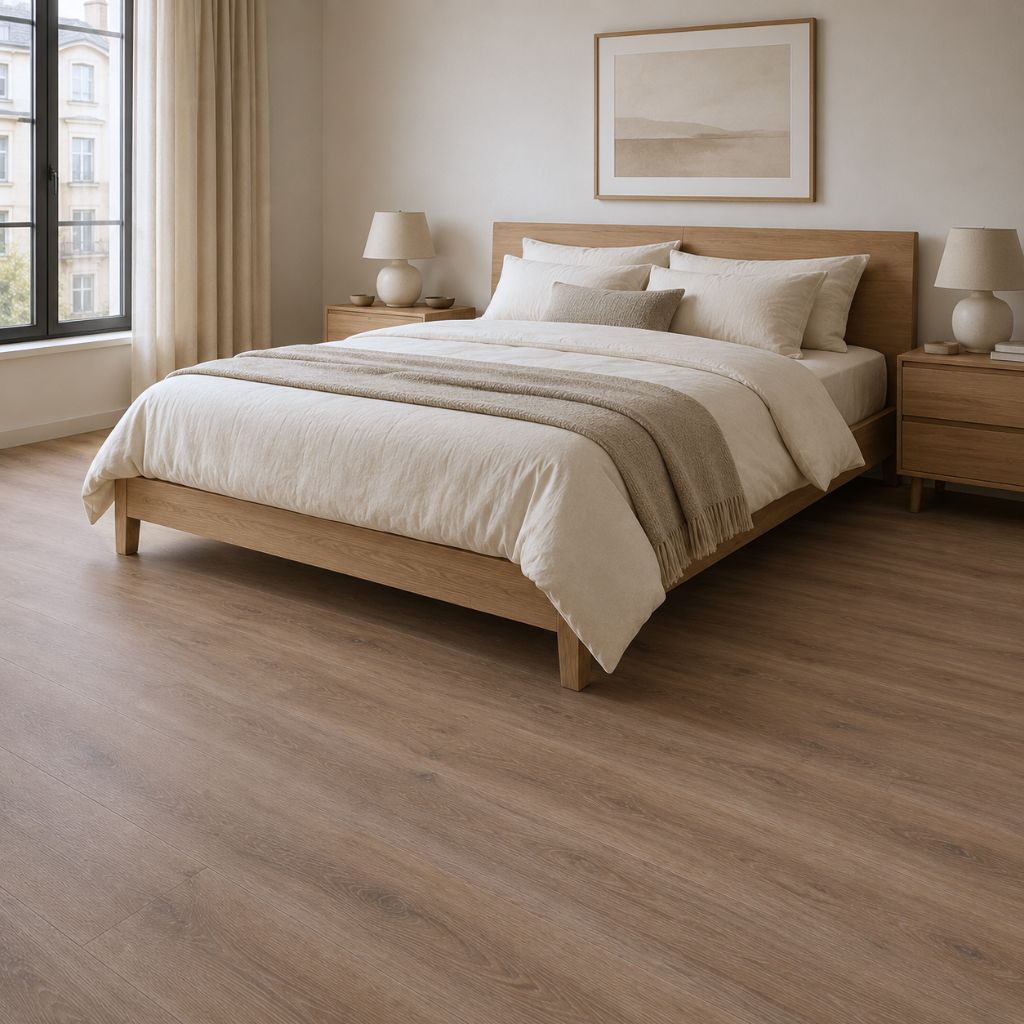 Gemütliches Schlafzimmer mit Klick Vinyl Eiche Padua Landhausdiele für warmes Laufgefühl und elegante Holzoptik