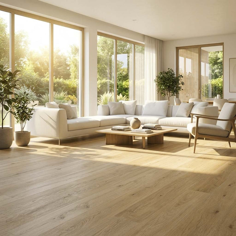 Klick Vinyl Eiche Siena in heller Holzoptik im Wohnzimmer verlegt bei Floor4all