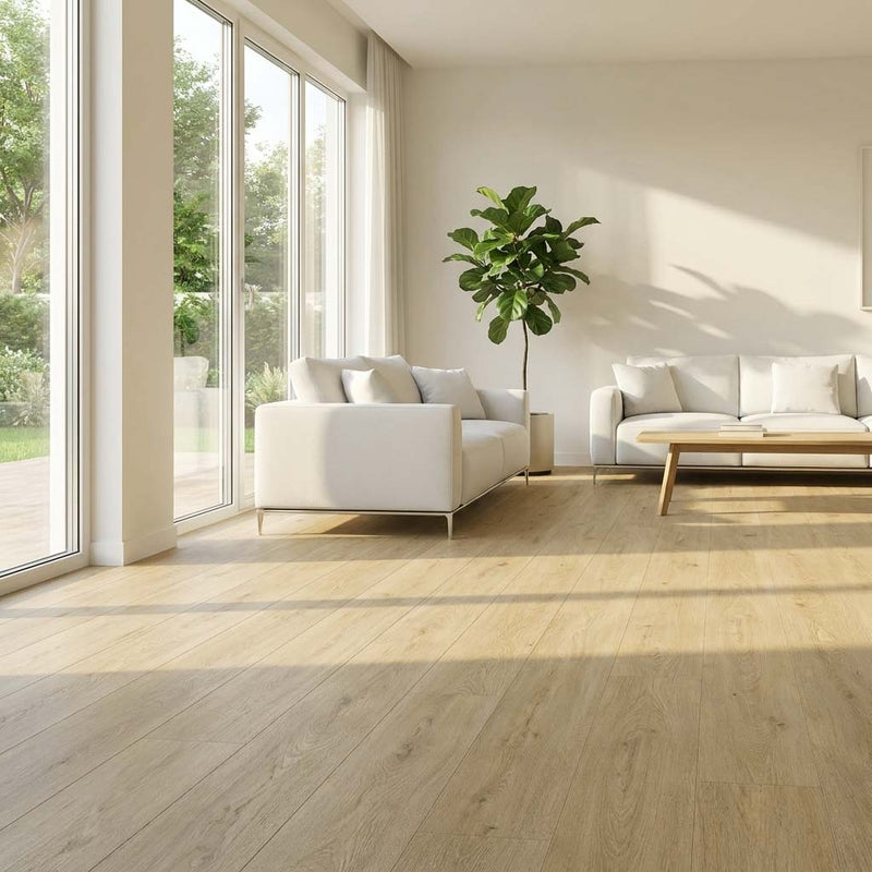Klick Vinyl Eiche Siena in heller Holzoptik im Wohnzimmer verlegt bei Floor4all