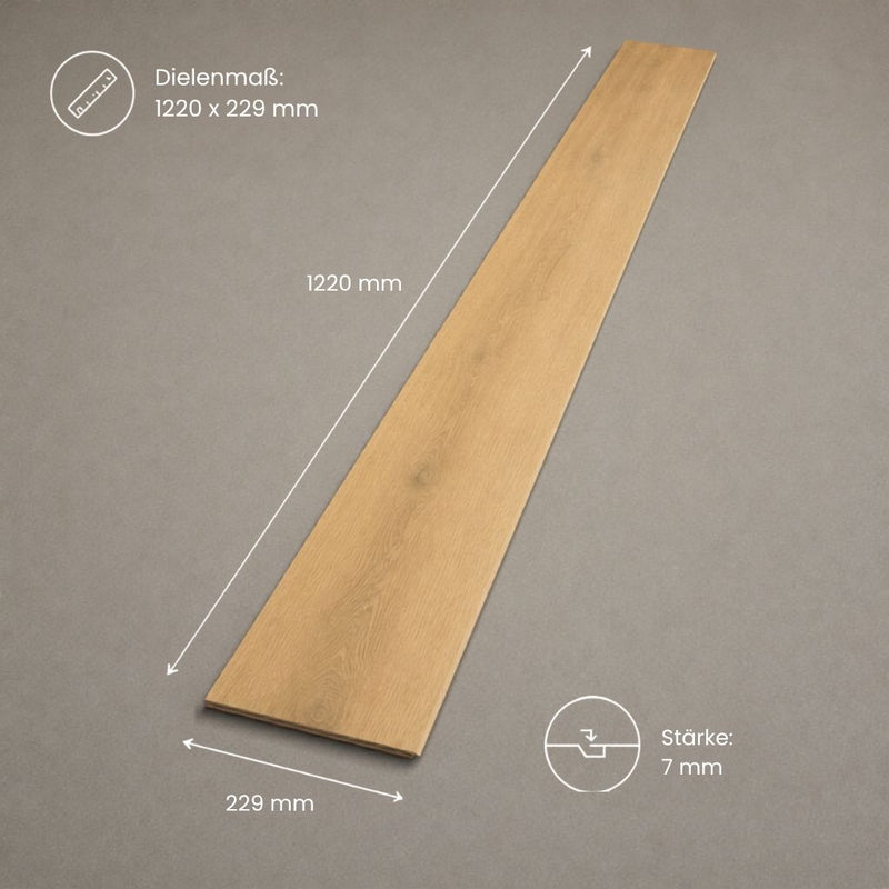 Landhausdiele Eiche Stev 1220×229 mm, 7 mm Stärke – technische Zeichnung mit Dielengröße und Aufbauspezifikation
