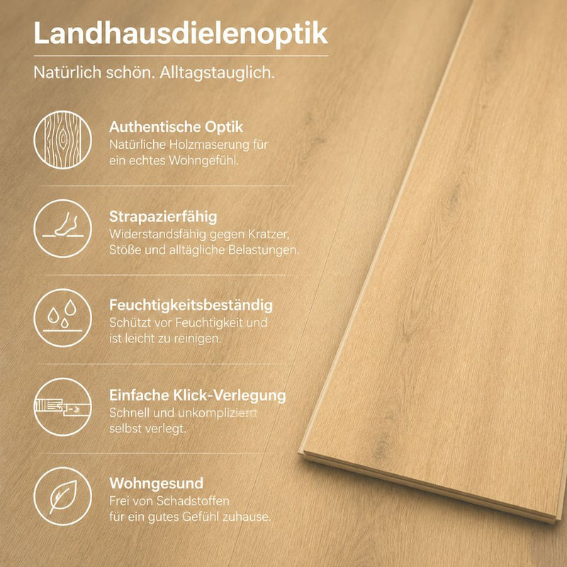 Eiche Stev Landhausdiele Eigenschaften – authentische Optik, strapazierbar, feuchtigkeitsbeständig, Klick-Verlegung, wohngesund