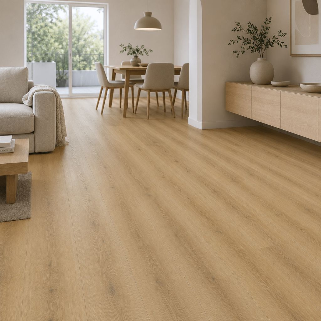 Offenes Wohnzimmer mit Eiche Stev – beige Sofa, Esstisch im Hintergrund, durchgehend elegante Holzoptik, großzügig